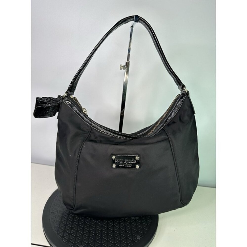 Kate Spade Black Nylon Fabric Hobo Bag Patent Trim